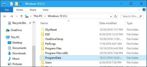 What is the function of the ProgramData folder in Windows?